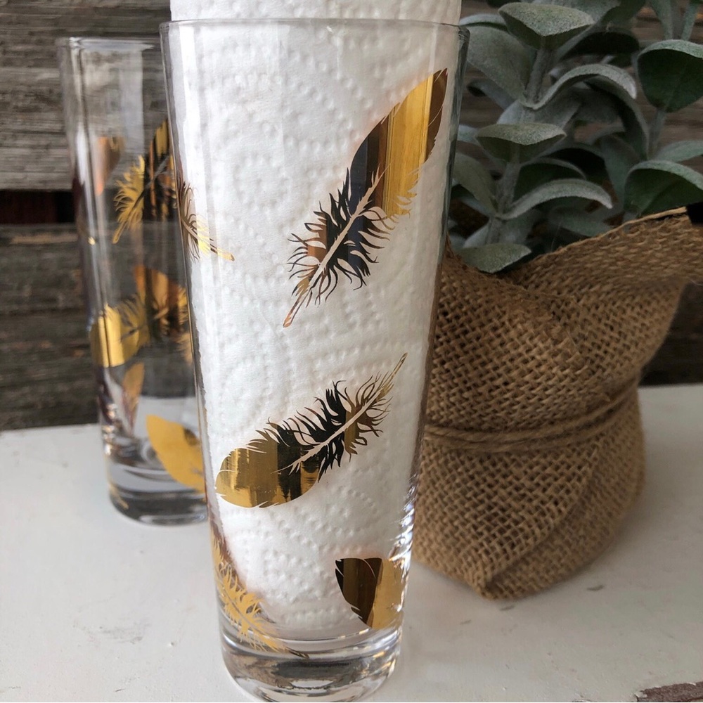 Set of 2 Gold Feather Glasses Bohemian Barware Vtg tumblers Indie Boho Glassware